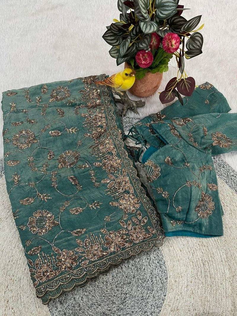Teal satin embroidered sequins work heavy look ethnic saree with blouse