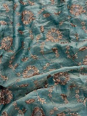 Teal satin embroidered sequins work heavy look ethnic saree with blouse 2
