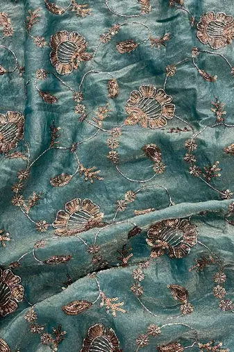 Teal satin embroidered sequins work heavy look ethnic saree with blouse