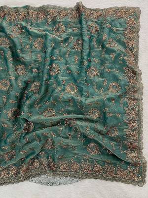 Teal satin embroidered sequins work heavy look ethnic saree with blouse 3