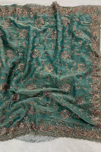 Teal satin embroidered sequins work heavy look ethnic saree with blouse