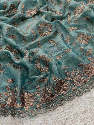 Teal satin embroidered sequins work heavy look ethnic saree with blouse 4