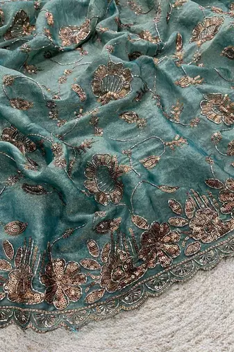 Teal satin embroidered sequins work heavy look ethnic saree with blouse