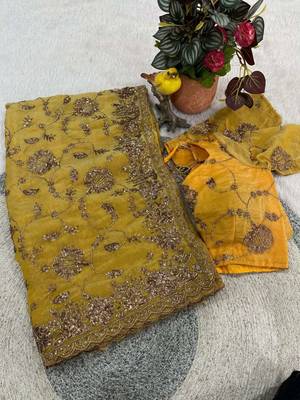 Yellow satin embroidered sequins work heavy look ethnic saree with blouse 1