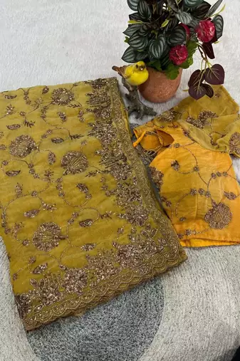 Yellow satin embroidered sequins work heavy look ethnic saree with blouse