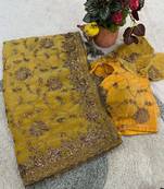 Yellow satin embroidered sequins work heavy look ethnic saree with blouse