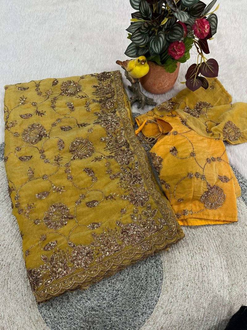 Yellow satin embroidered sequins work heavy look ethnic saree with blouse