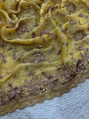 Yellow satin embroidered sequins work heavy look ethnic saree with blouse 2