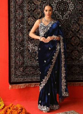 Blue velvet embroidered sequins work heavy look ethnic saree with blouse 1