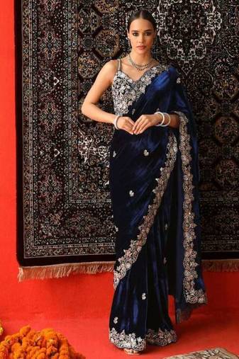 Blue velvet embroidered sequins work heavy look ethnic saree with blouse