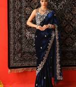 Blue velvet embroidered sequins work heavy look ethnic saree with blouse