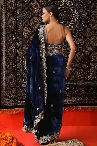 Blue velvet embroidered sequins work heavy look ethnic saree with blouse