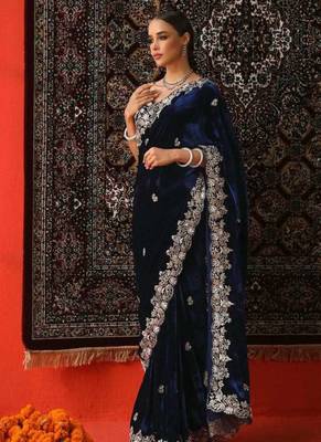 Blue velvet embroidered sequins work heavy look ethnic saree with blouse 3