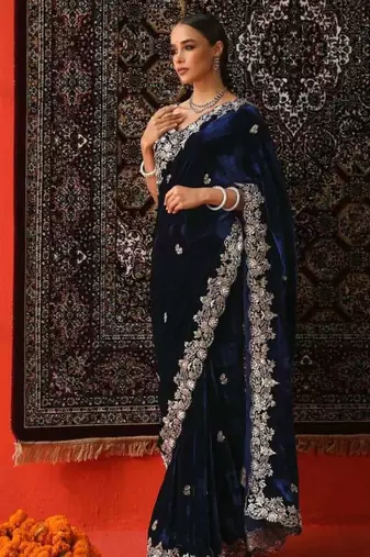 Blue velvet embroidered sequins work heavy look ethnic saree with blouse