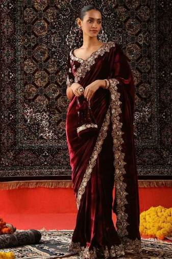 Maroon velvet embroidered sequins work heavy look ethnic saree with blouse