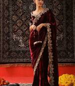 Maroon velvet embroidered sequins work heavy look ethnic saree with blouse