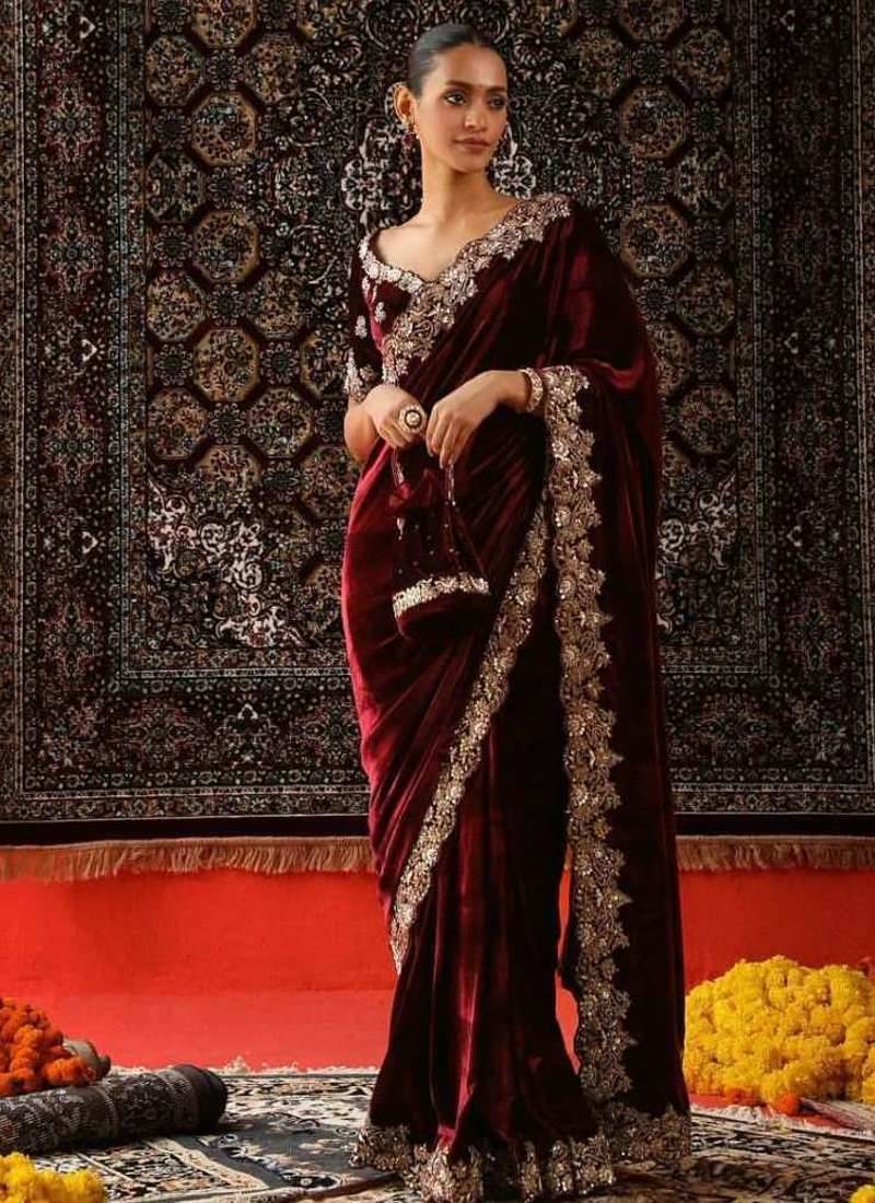 Maroon velvet embroidered sequins work heavy look ethnic saree with blouse