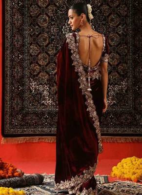 Maroon velvet embroidered sequins work heavy look ethnic saree with blouse 2