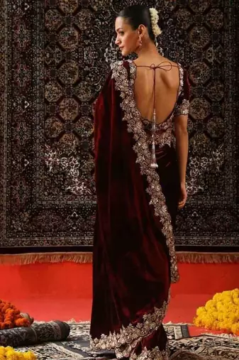 Maroon velvet embroidered sequins work heavy look ethnic saree with blouse