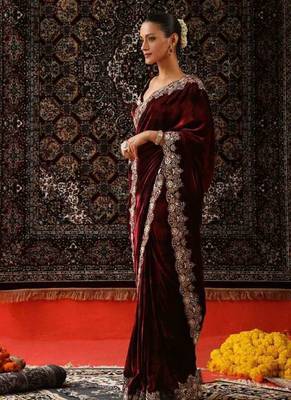 Maroon velvet embroidered sequins work heavy look ethnic saree with blouse 3