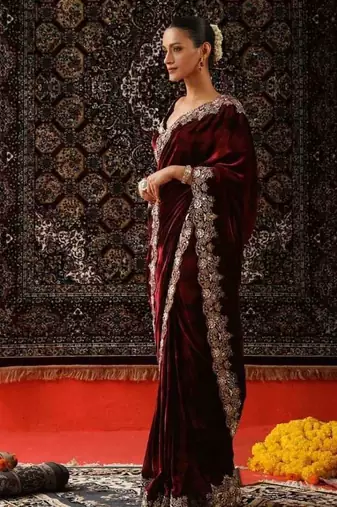 Maroon velvet embroidered sequins work heavy look ethnic saree with blouse