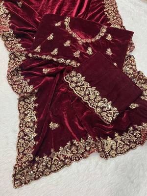Maroon velvet embroidered sequins work heavy look ethnic saree with blouse 5
