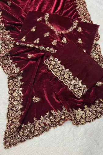 Maroon velvet embroidered sequins work heavy look ethnic saree with blouse