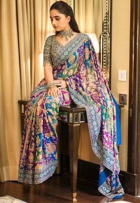 Multicolor silk printed kalamkari heavy look ethnic saree with blouse 2