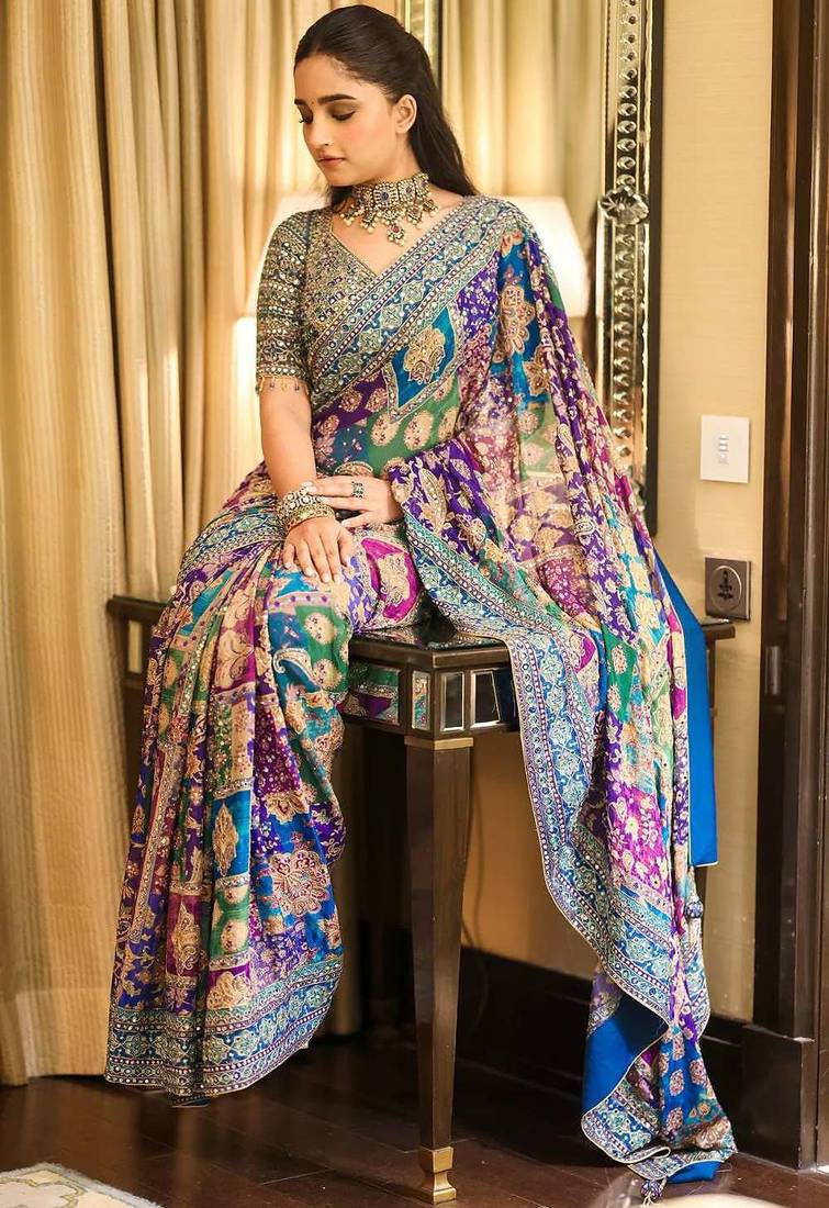 Multicolor silk printed kalamkari heavy look ethnic saree with blouse