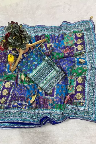 Multicolor silk printed kalamkari heavy look ethnic saree with blouse