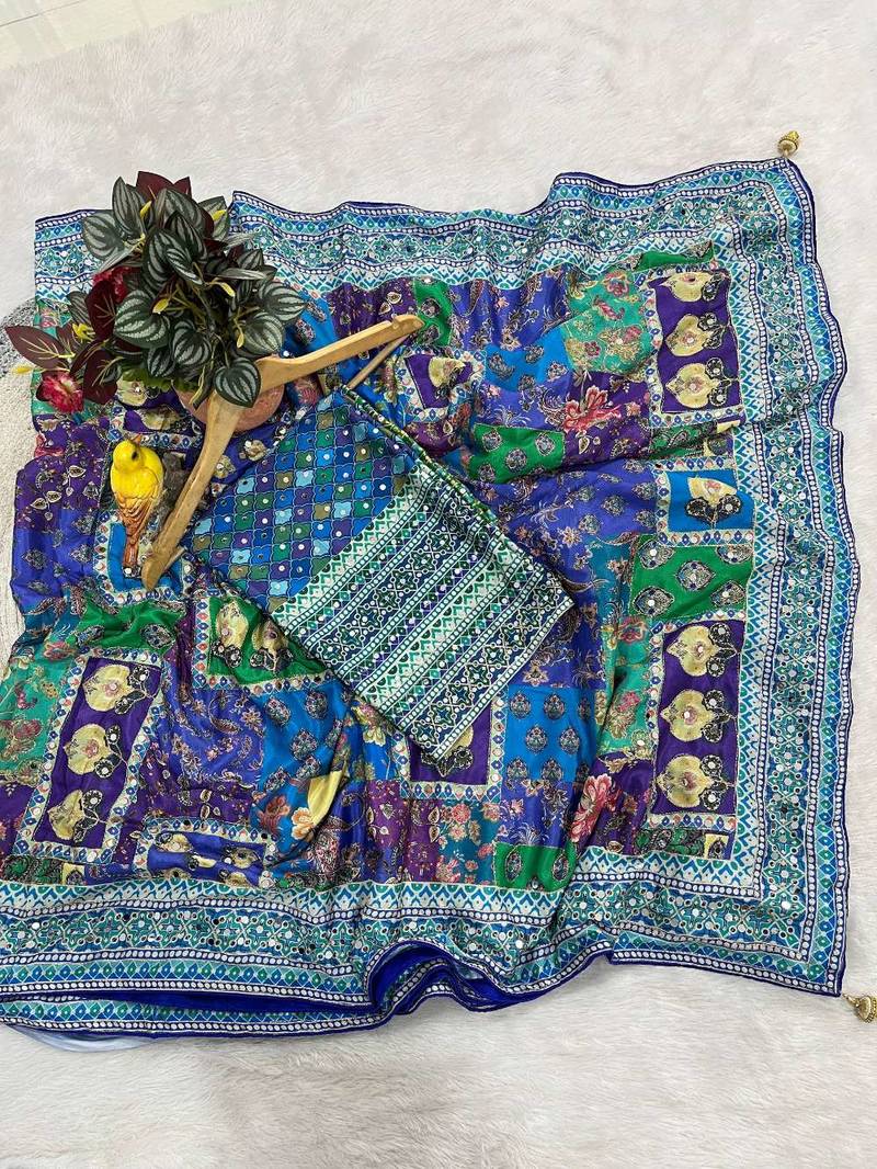 Multicolor silk printed kalamkari heavy look ethnic saree with blouse