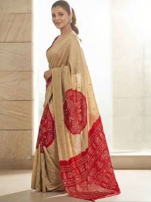 Cream silk embroidered mirror work heavy look ethnic saree with blouse 2
