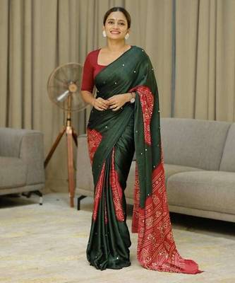 Green silk embroidered mirror work heavy look ethnic saree with blouse 1