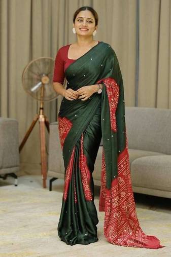 Green silk embroidered mirror work heavy look ethnic saree with blouse