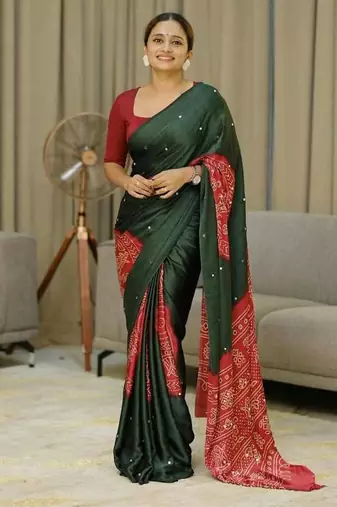 Green silk embroidered mirror work heavy look ethnic saree with blouse