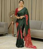 Green silk embroidered mirror work heavy look ethnic saree with blouse