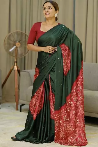 Green silk embroidered mirror work heavy look ethnic saree with blouse