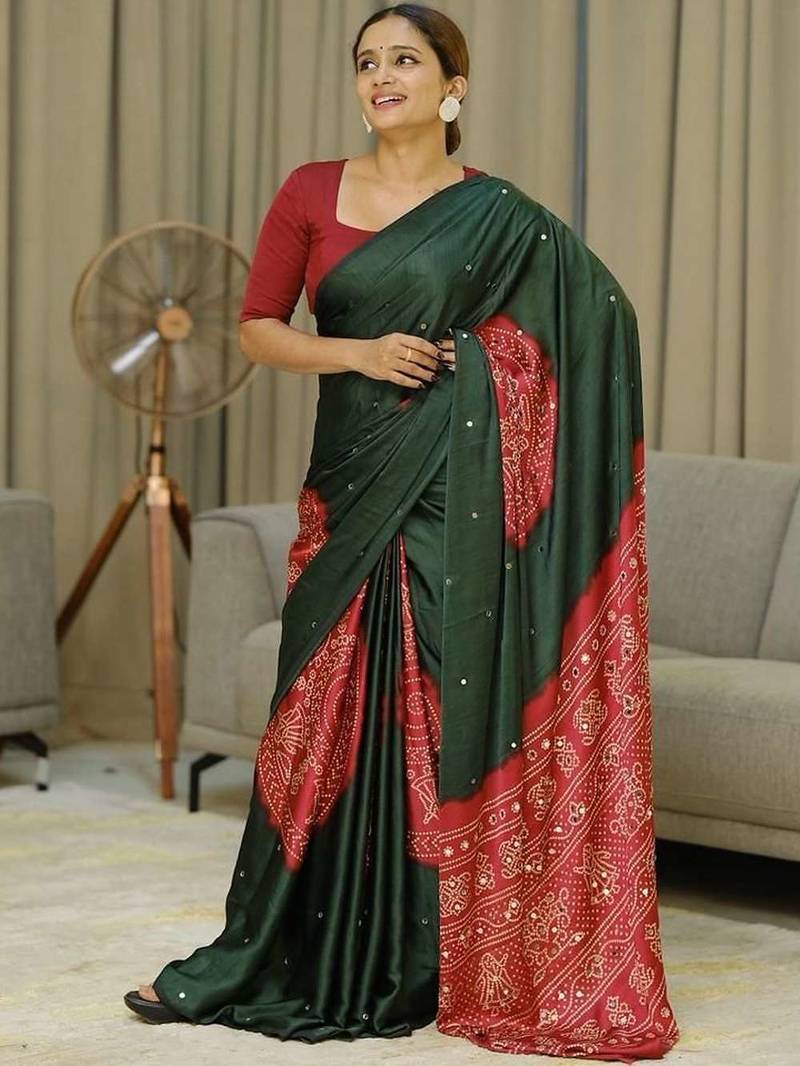 Green silk embroidered mirror work heavy look ethnic saree with blouse