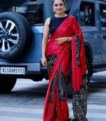 Red silk embroidered mirror work heavy look ethnic saree with blouse