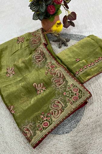 Green satin embroidered thread work heavy look ethnic saree with blouse