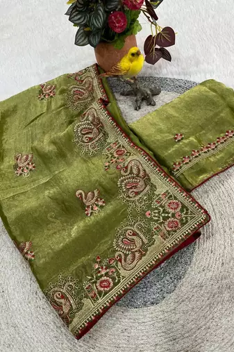 Green satin embroidered thread work heavy look ethnic saree with blouse