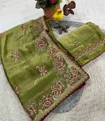Green satin embroidered thread work heavy look ethnic saree with blouse