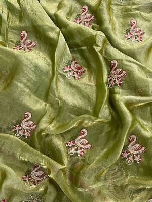 Green satin embroidered thread work heavy look ethnic saree with blouse 3