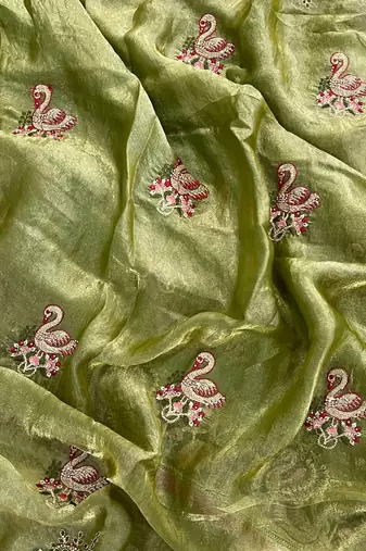 Green satin embroidered thread work heavy look ethnic saree with blouse