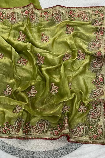 Green satin embroidered thread work heavy look ethnic saree with blouse