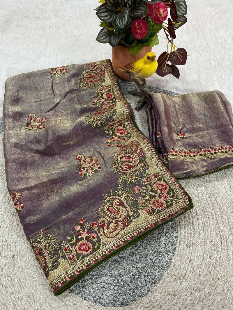 Grey satin embroidered thread work heavy look ethnic saree with blouse