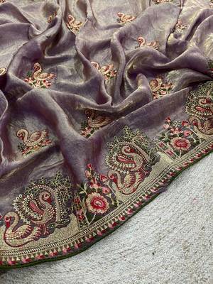Grey satin embroidered thread work heavy look ethnic saree with blouse 3