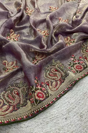 Grey satin embroidered thread work heavy look ethnic saree with blouse