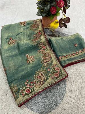 Sea green satin embroidered thread work heavy look ethnic saree with blouse 1