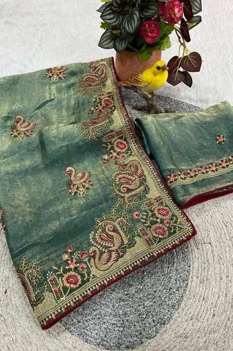 Sea green satin embroidered thread work heavy look ethnic saree with blouse